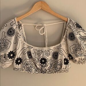 Free People Lotus Floral Embroidered Smocked Crop Top White Black Size Large